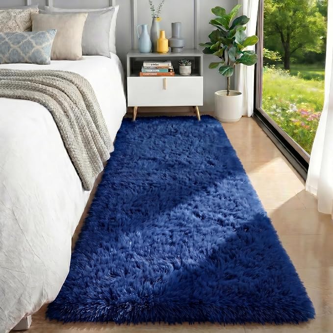 Navy Blue Rugs for Bedroom, Living Room 2x6 Ft, Fluffy Runner Rugs | Plush - Image 2