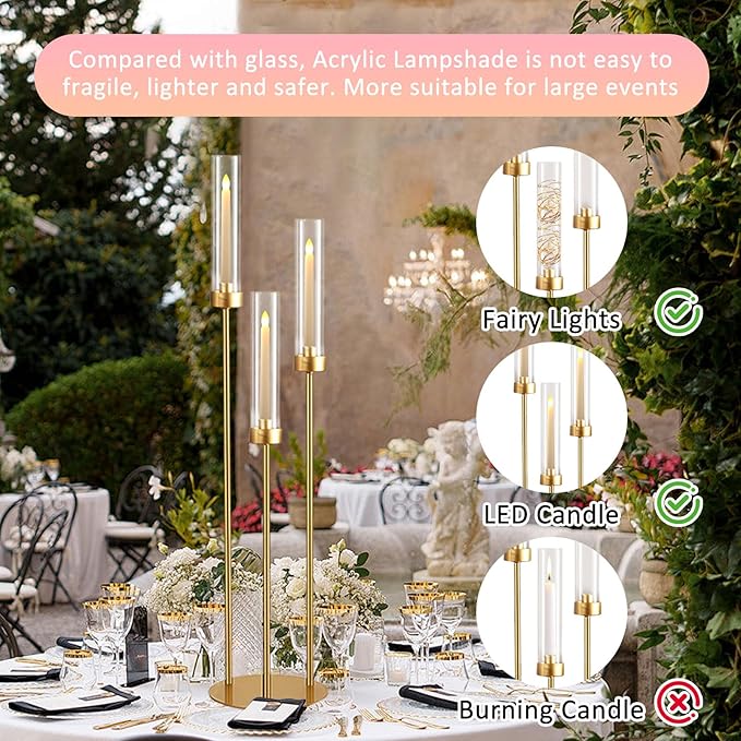 Vincidern 2pcs Gold Taper Candle Holder 3-arm Candelabra Decorative Candlestick Holder for Table Centerpieces, Wedding, Dining Room, Events, Party (34in Tall)