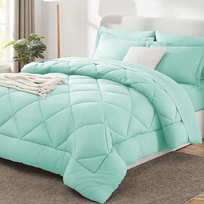 CozyLux Queen Comforter Set Mint Green - Bed in a Bag Queen Size 7 Pieces, Luxury Soft Bed Set for All Seasons, Bedding Set with Down Alternative Comforter, Sheets, Pillowcases & Shams