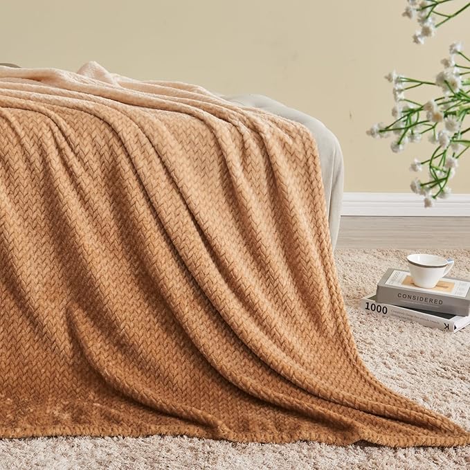 NEWCOSPLAY Super Soft Throw Blanket Ombre Brown Premium Silky Flannel Fleece Leaves Pattern Lightweight Bed Blanket All Season Use (Ombre Brown, Throw(50"x60"))