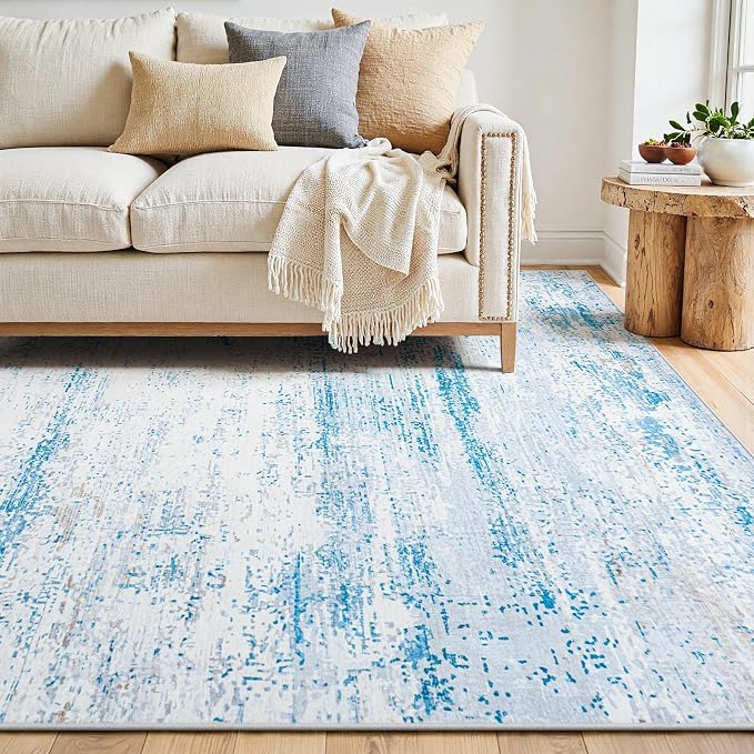 10x14 Washable Area Rug for Living Room Bedroom: Non-Slip Modern Light Blue | - Image 9