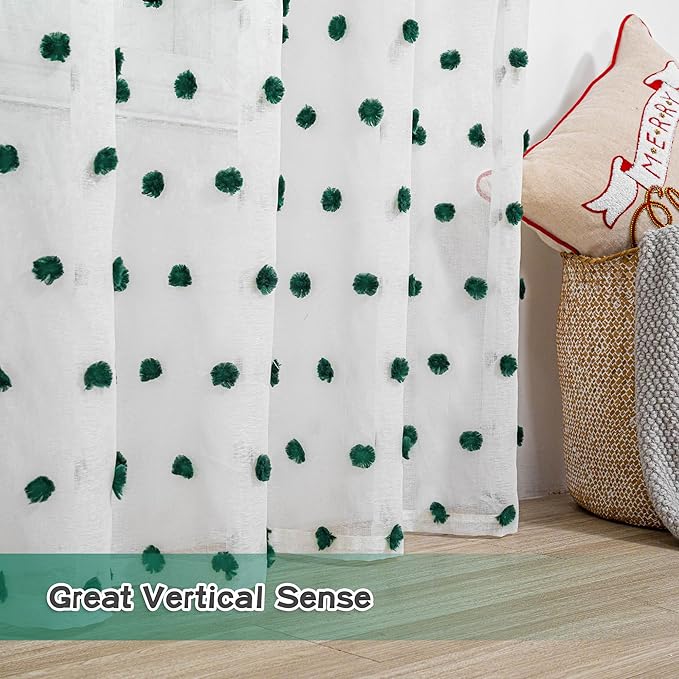 MYSKY HOME 84 Inch Long Christmas Curtains for Living Room Hunter Green Pom Pom Curtains for Bedroom White Sheer Nursery Curtains for Kids Room Rod Pocket Privacy Windows Drapes 52" x 84" 2 Panels