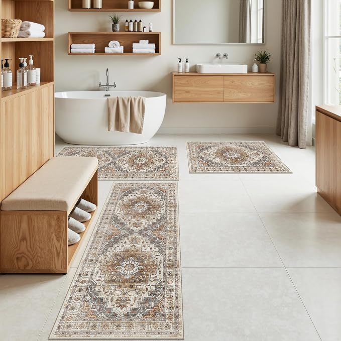 Madane Washable Kitchen Rug Set of 3 Small Area Rugs Non-Slip Turmeric/Grey | - Image 3