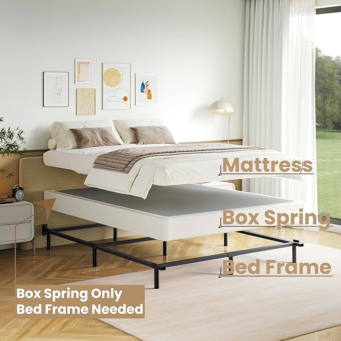 Full Size Box Spring, 7 Inch Low Profile Metal Frame Mattress Foundation, 3000 lbs Heavy Duty Boxspring with Fabric Cover, Easy Assembly, Noise Free, Non-Slip