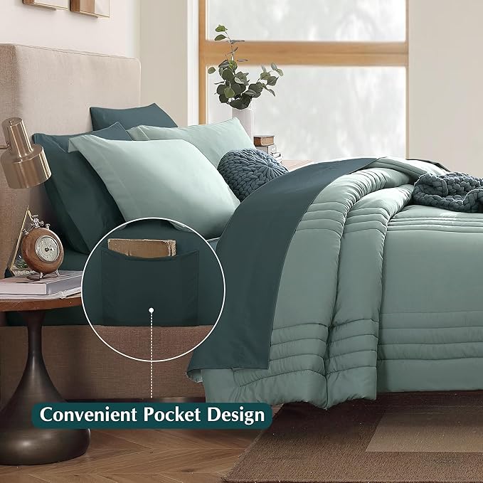 Monbix Full Size Comforter Set - 7 Pieces Sage Green Bed in a Bag Full Size Bedding Sets with Comforters, All Seasons Comforter with Sheets,Pillowcases & Shams