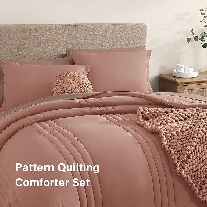 Monbix King Size Comforter Set - 7 Pieces Bed in a Bag King, Clay Pink Bedding Sets with Comforter, All Seasons Down Alternative Comforter Bed Set with Sheets, Pillowcases & Shams