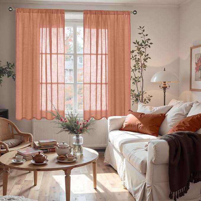 BGment Terracotta Linen Curtains 48 Inch Length, Burnt Orange Light Filtering - Image 3