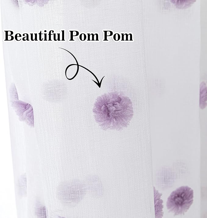 MYSKY HOME 45 Inches Long Kitchen Curtains Small Window Curtains for Bathroom Cafe Bedroom Purple Pom Pom White Semi Sheer Curtains for Nursery Girls Room Rod Pocket 2 Pieces Drapes 52 x 45 inch