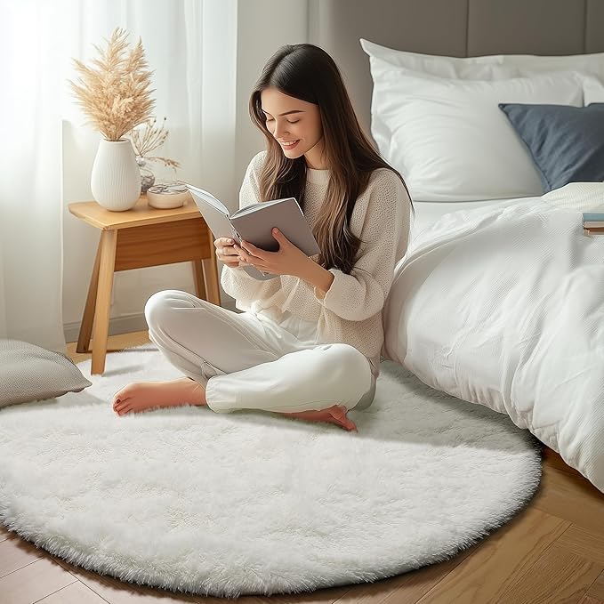 Cream White Round Rugs 8ft for Living Room, Ivory Fluffy Bedroom Circle Area Rug - Image 7