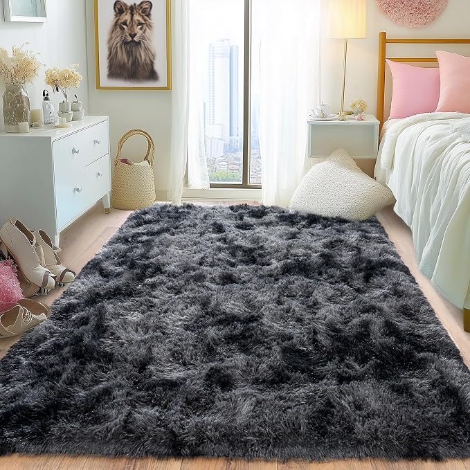 Pionblank Fluffy Area Rug for Bedroom 4x6, Indoor Plush Carpet, Dark Grey | - Image 3