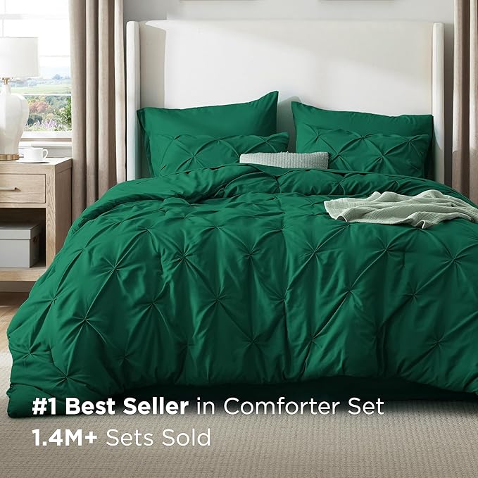 Bedsure Queen Comforter Set Dark Green - Bed in a Bag Queen Size Bedding 7 Pieces, GentleSoft™ Pintuck Bed Set Gift for Family, Pinch Pleat All Season Comforter with Sheets, Pillowcases & Shams