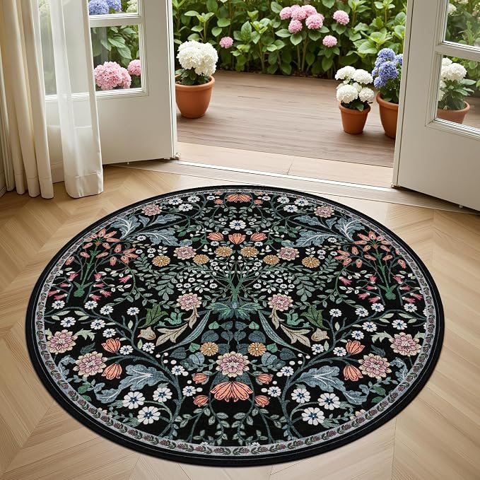 PLHXFR Round Area Rug Living Room: 4 ft Floral Washable Carpet Dark Black | - Image 2