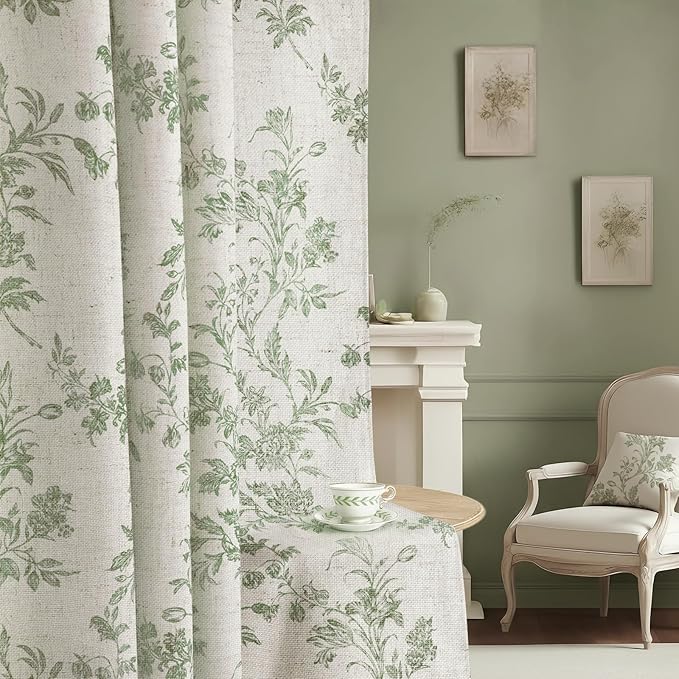 Sage Green Boho Floral 100% Blackout Curtains 84 Inch 2 Panels | Farmhouse by Unknown