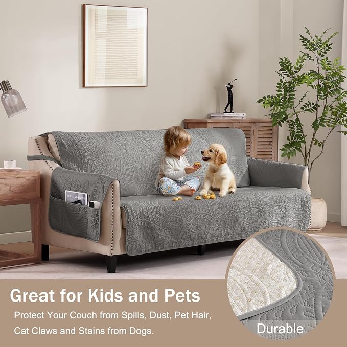 Quilted Cool Gray Sofa Slipcovers - Image 8