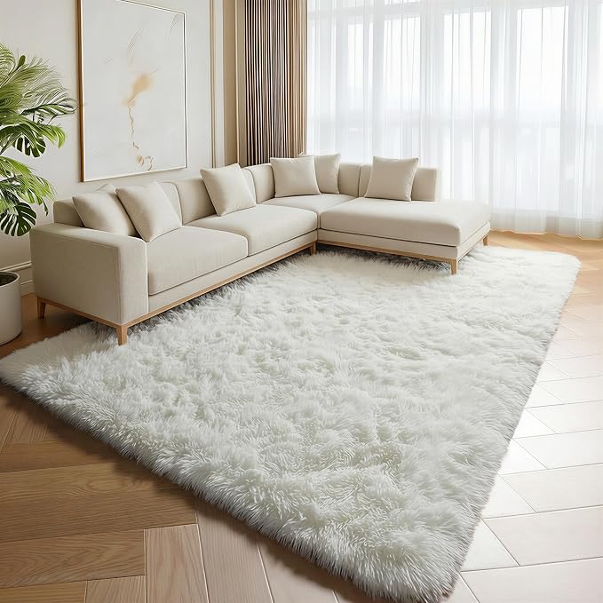 Cream White 8x10 Area Rugs for Living Room, Large Fluffy Shag Bedroom Rug - Image 4