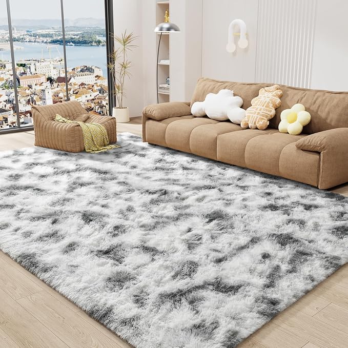 LOCHAS 8x10 Area Rugs Fluffy Living Room Bedroom Rug, Tie-Dyed Grey & White | by LOCHAS