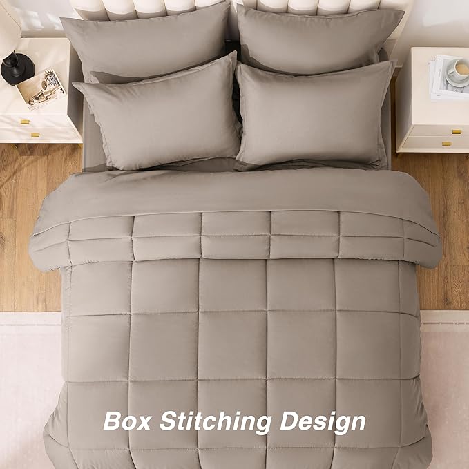 Love's cabin California King Comforter Set Light Brown, 7 Pieces California King Bed in a Bag, All Season Bedding Sets with 1 Comforter, 1 Flat Sheet, 1 Fitted Sheet, 2 Pillowcase and 2 Pillow Sham