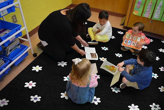 Flagship Carpets Schoolgirl Style Small Daisies on Black Educational Area Rug for Kids Room Seating Décor, Children's Classroom, Play Carpet for Teaching and Playroom, 7'6 "x 12'