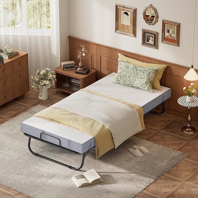 Karcog Folding Bed with Mattress, Storage Cover Included, Cot Size Extra Rollaway Guest Bed for Adults, with Memory Foam Mattress and Sturdy Metal Frame on Wheels, 75” x 31"