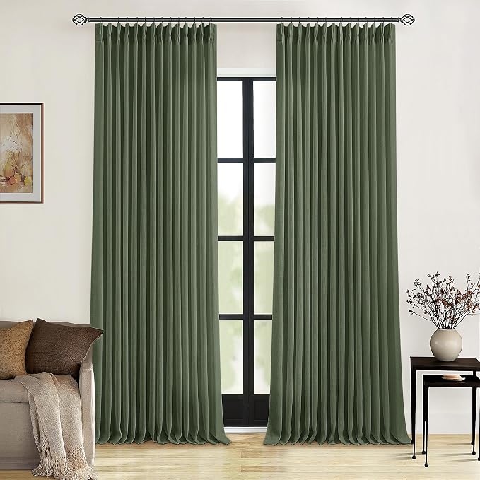 Olive Green Pinch Pleated Linen Semi Sheer Bedroom Curtains 92 Inches Long | - Image 7