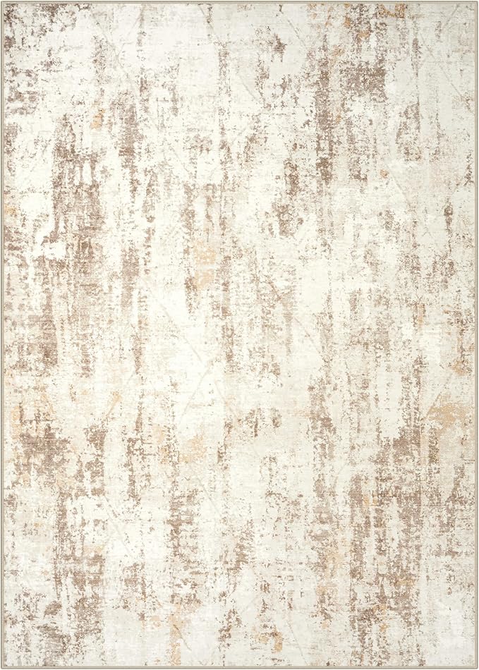 9x12 Area Rugs for Living Room: Washable Abstract Beige Grey Badroom Carpet | - Image 3