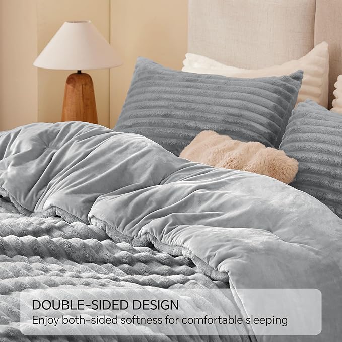 BEDELITE Fleece Full Comforter Set -Super Soft & Warm Fluffy Light Grey Bedding, Luxury Fuzzy Heavy Bed Set for Winter with 2 Pillow Cases