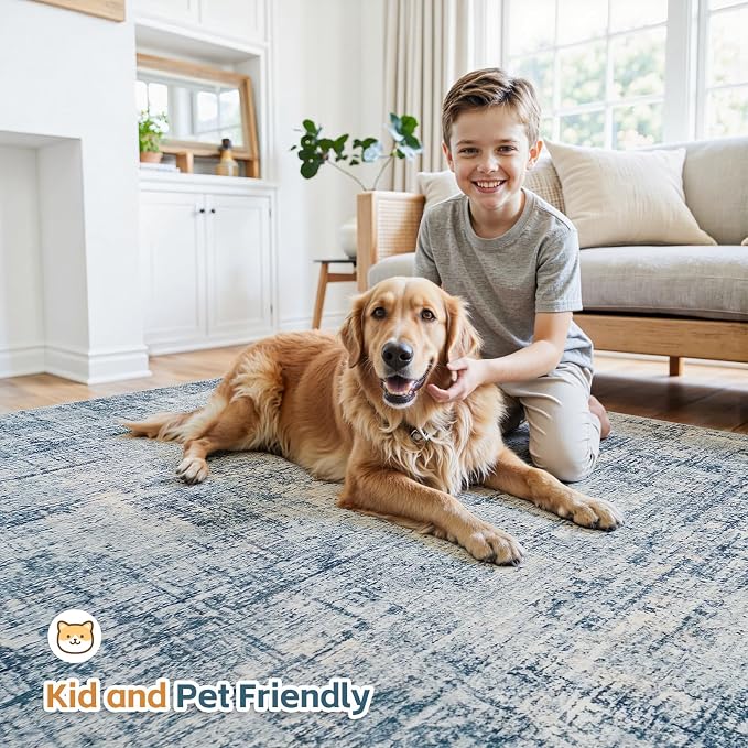 6x9 Washable Area Rug for Living Room Bedroom: Non-Slip Modern Blue Gold | - Image 6