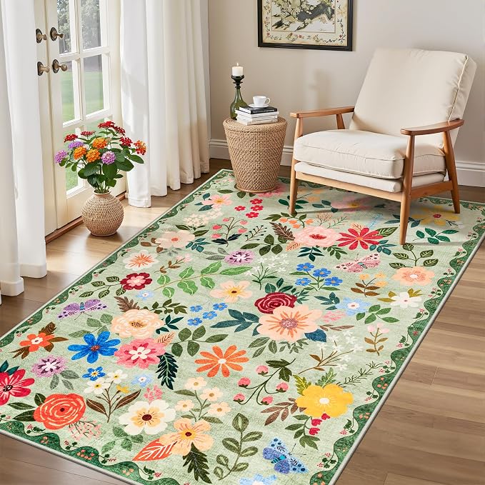 PLHXFR Area Rug Living Room: 3x5 Floral Washable Boho Soft Carpet Green | - Image 4