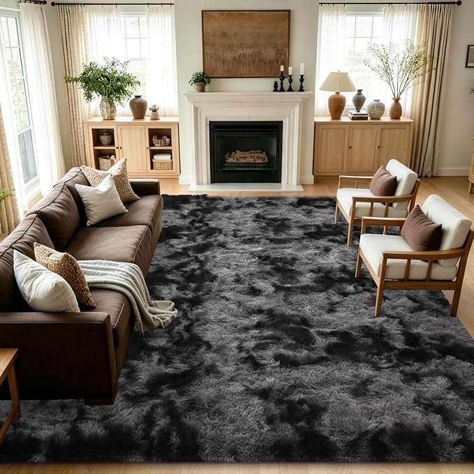 Noahas 8x10 Extra Large Tie-Dyed Dark Grey Fluffy Area Rug Non-Slip by ModernHomeDecor