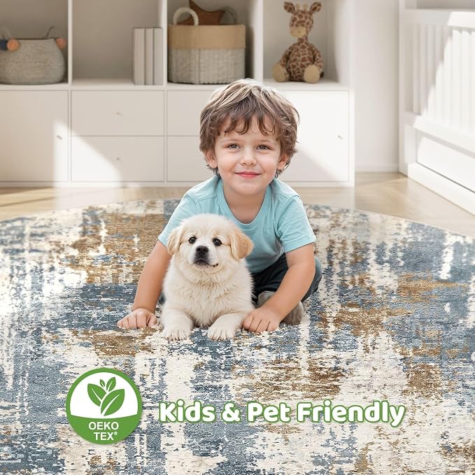 LOONGRUG Round Rug 7x7 Washable Large Neutral Modern Area Rugs Blue Tan | - Image 6