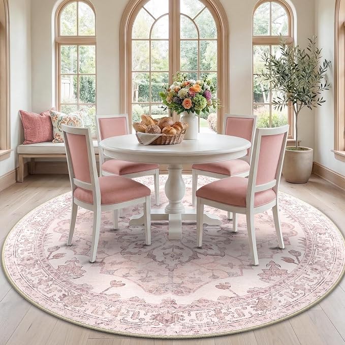 RELEANY Washable Area Rug, Round 7ft, Water Repellent, Pet Friendly, Vintage by RELEANY