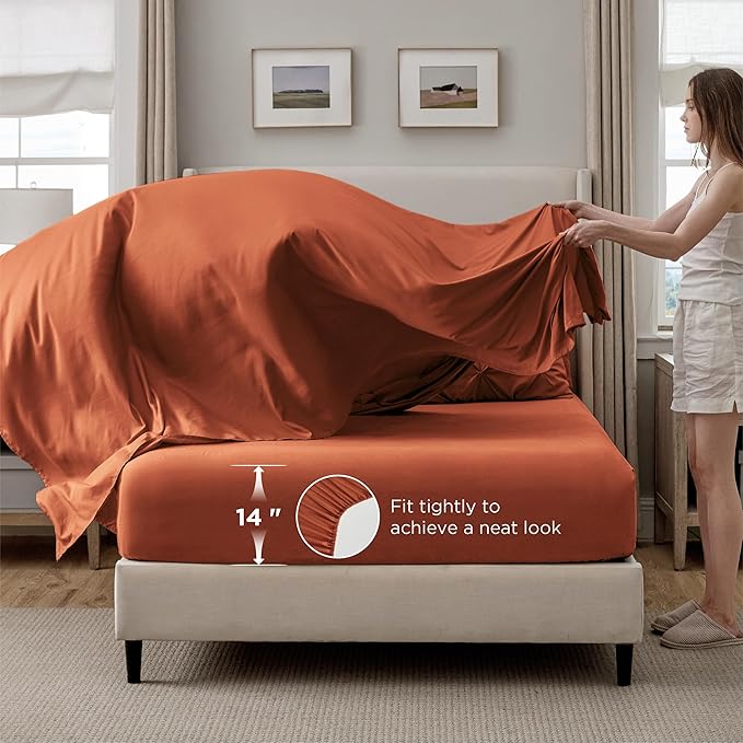 Bedsure Queen Comforter Set Burnt Orange - Bed in a Bag Queen Size Bedding 7 Pieces, GentleSoft™ Pintuck Bed Set Gift for Family, Pinch Pleat Burnt Orange Comforter with Sheets, Pillowcases & Shams