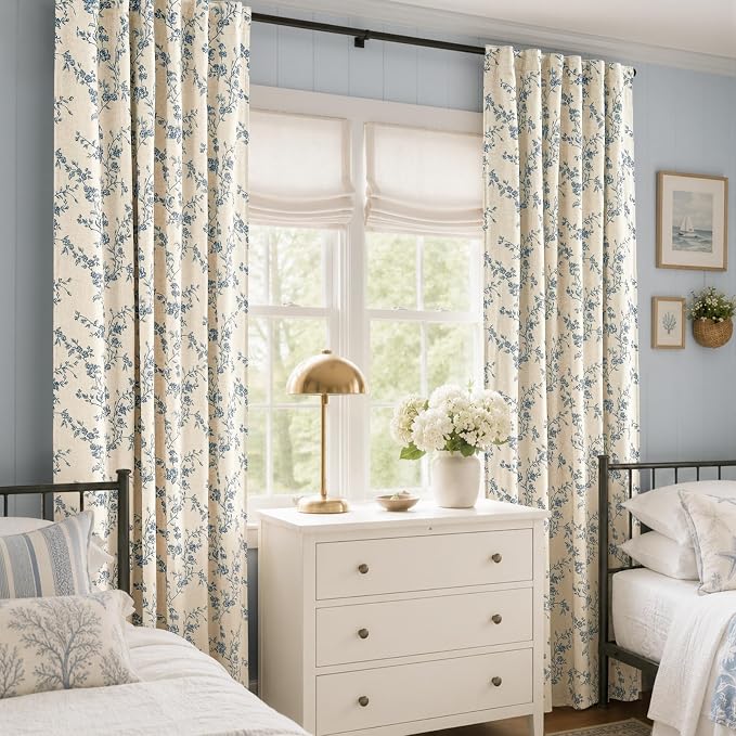 Blackout Vintage Floral Linen Curtains Blue on Beige 50×96 2 Panels | Elisa - Image 6