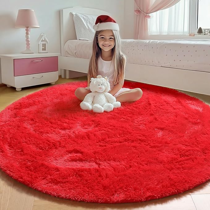 Red Round Area Rug 4ft, Soft Bedroom Circle Rugs Floor Mat by ONASAR