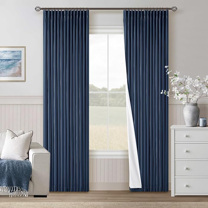 Navy Blue Pinch Pleated Full Blackout Linen 80 Inch Window Curtains | Room by Twodrapes