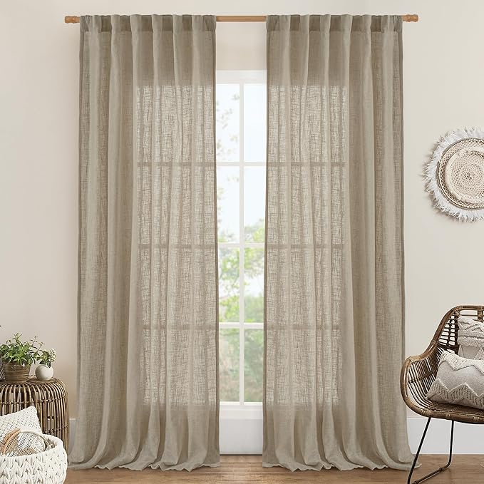 Taupe Linen Curtains 90 Inch for Living Room, Semi Sheer Panels | Soft Thick by LAMIT