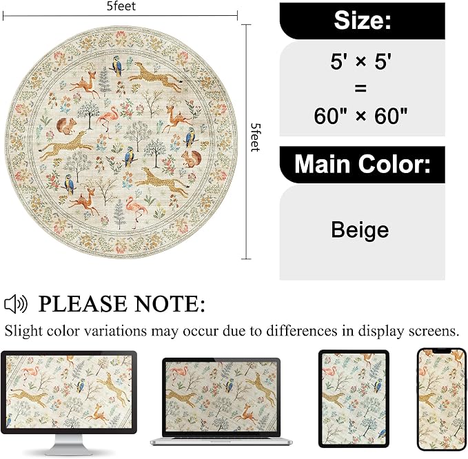 DUKINO 5ft Round Rug, Washable Animal Non Slip Circle Area Rug, Non-Shedding - Image 2