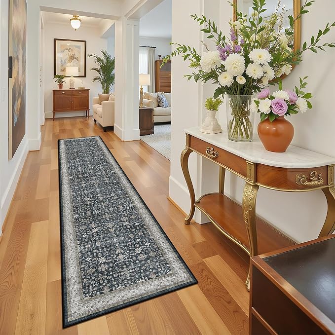 Black Floral Hallway Runner Rug 2'6"x14' - Image 6
