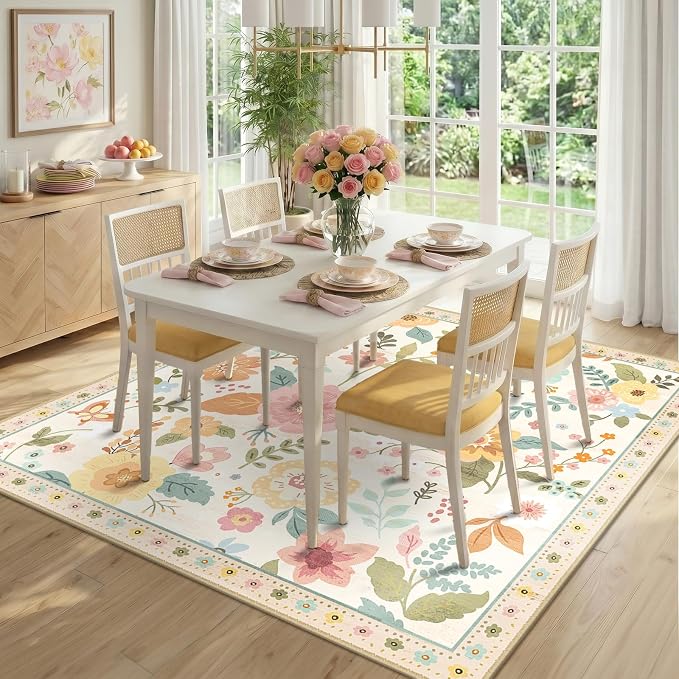 RELEANY Floral Washable Square 5ft Area Rug Beige/White/Orange | Flower Carpet - Image 7