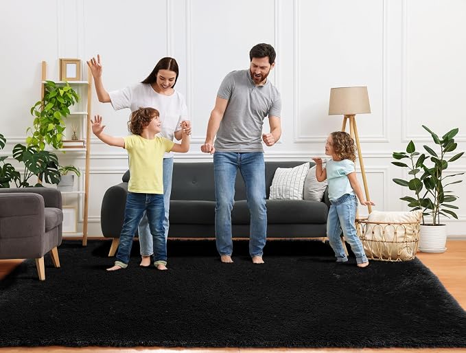 Black Area Rugs for Living Room Bedroom, 5x8 Fluffy Shaggy Rug, Soft Plush - Image 8