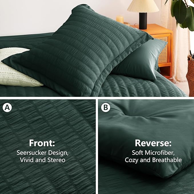 CozyLux Full Size Comforter Sets with Sheets Seersucker 7 Pieces Forest Green Bed in a Bag Textured Luxury Soft Bedding Set with Down Alternative Comforter, Sheets, Pillowcases & Shams for All Seasons