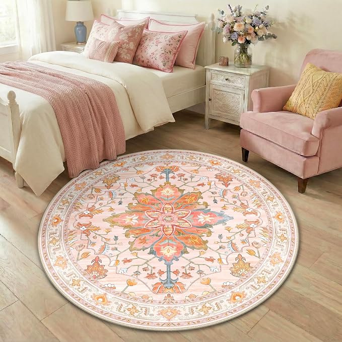 RELEANY Washable Area Rug, Round 4ft, Water Repellent, Pet Friendly, Vintage by RELEANY