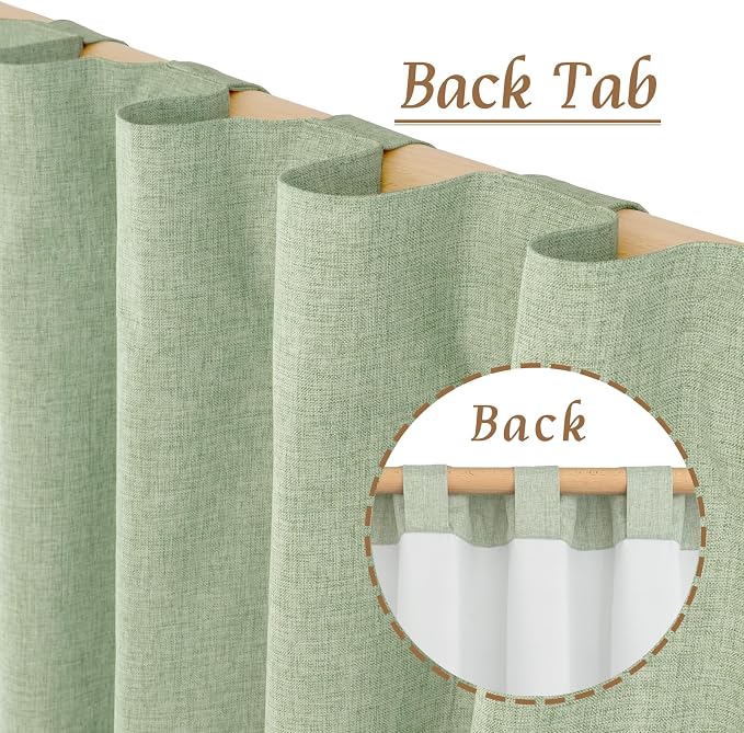 45 Inch 100% Blackout Linen Bedroom Curtains 2 Panels, Light Green | Thermal - Image 6
