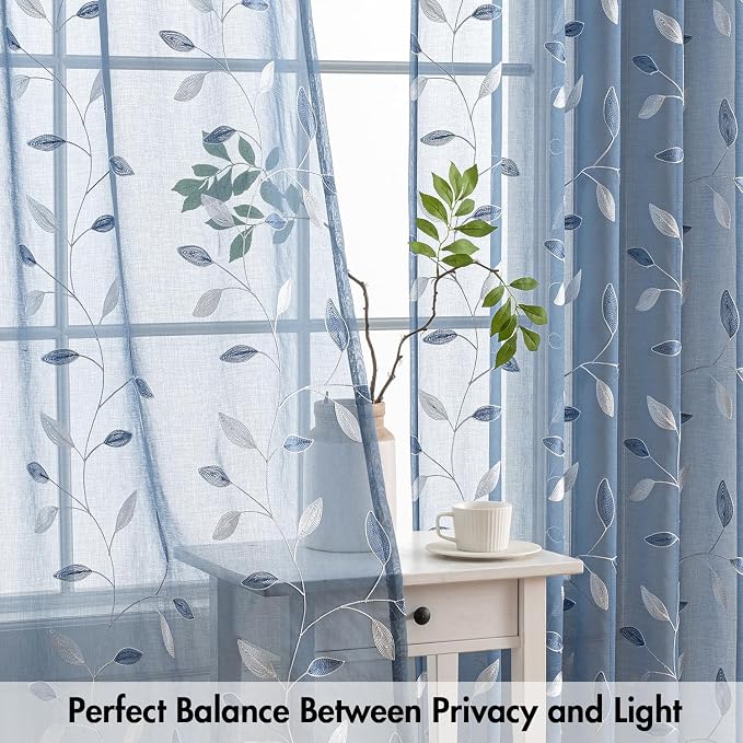 MIULEE Dusty Blue Sheer Curtains 2 Panels Leaf Patterned, W52 x L84 | - Image 5