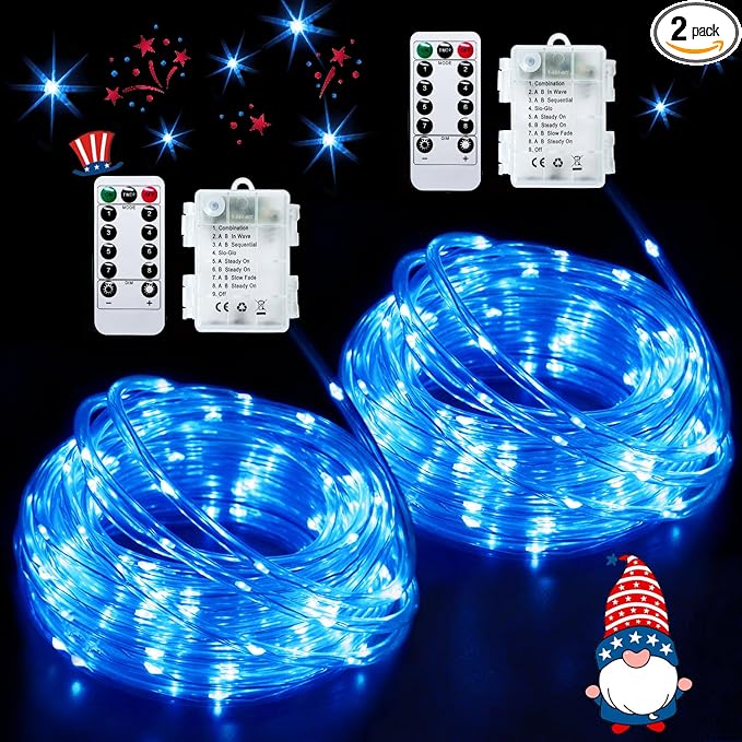 JMEXSUSS 2 Pack Battery Operated Rope Lights Outdoor Waterproof, Total 200LED 66ft 8 Mode/Remote Battery Christmas String Lights, Blue Pool Light for Trampoline Camping Balcony Garden Pool Decor