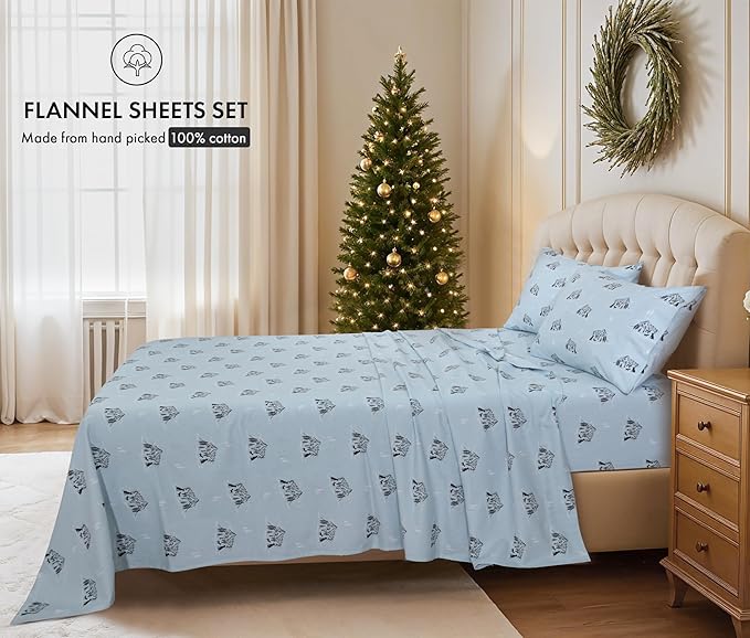 RUVANTI Flannel Sheets Queen Size - 100% Cotton Double Brushed Bed Sheets, Deep Pockets 16 Inches Queen Sheet Set, All Seasons Breathable & Extra Soft - Warm & Cozy, 4 Piece, Soul Dog