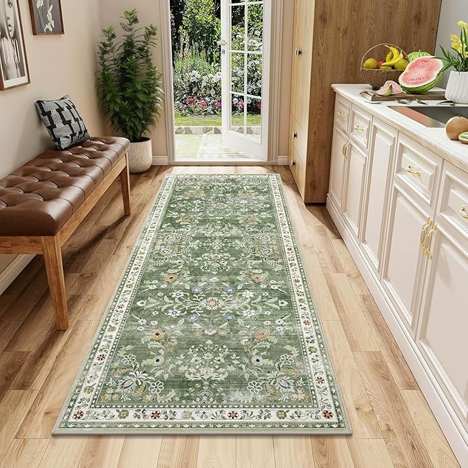 Yamaziot 2x5 Washable Hallway Runner Rug Non Slip Floral Carpet, Sage Green | by Yamaziot