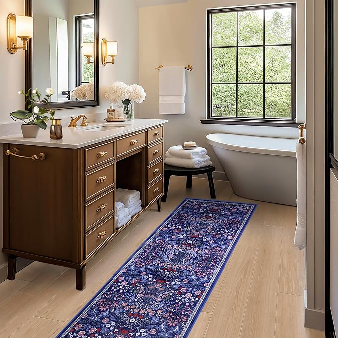 PLHXFR 2x5 Washable Runner Rug：Floral Indoor Kitchen Soft Carpet Blue | - Image 6