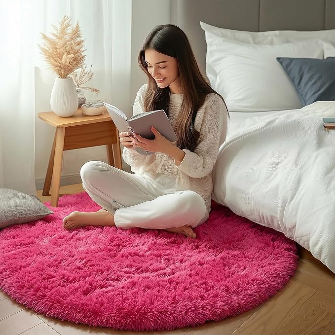 Hot Pink Round Rugs 5ft for Bedroom Living Room, Fluffy Circle Area Rug for - Image 6