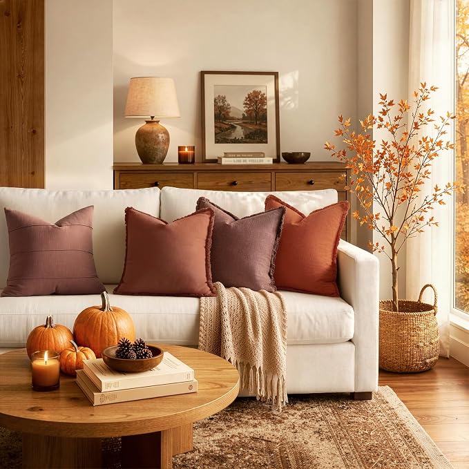 MIULEE Linen Fringe Decorative Fall Throw Pillow Covers Burnt Orange 20x20 | - Image 3